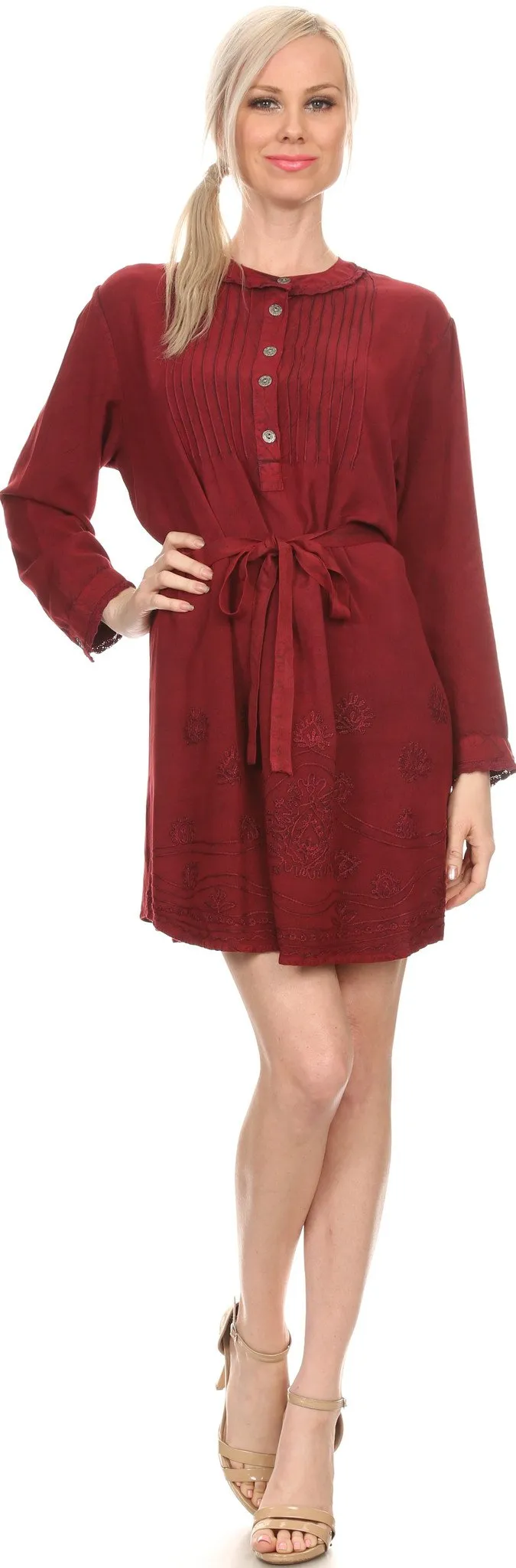 Sakkas Leslie Henley Long Sleeve Crochet Cuffed Embroidered Adjustable Tie Dress