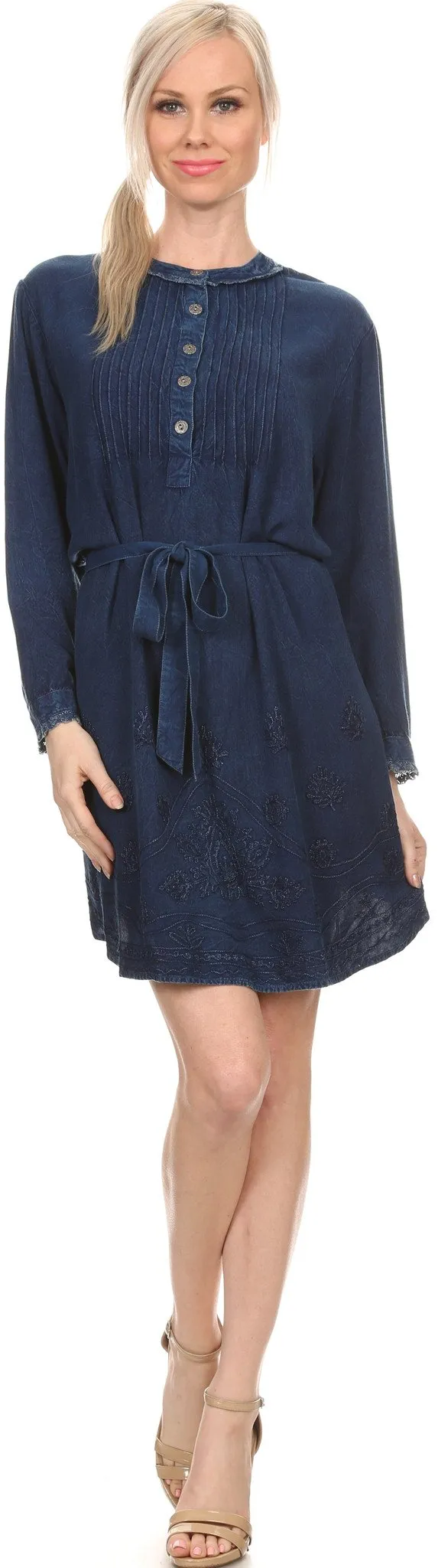 Sakkas Leslie Henley Long Sleeve Crochet Cuffed Embroidered Adjustable Tie Dress