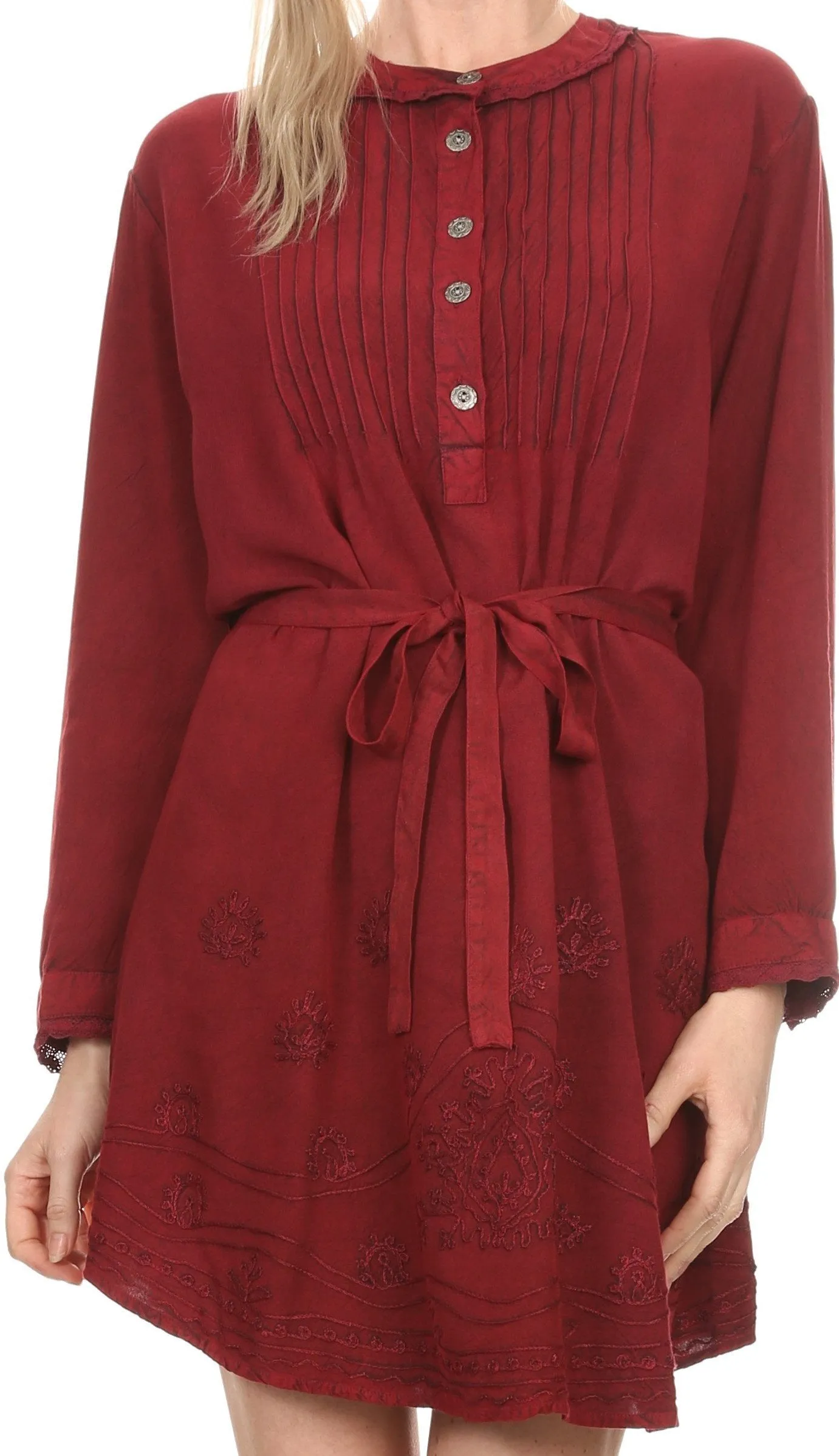 Sakkas Leslie Henley Long Sleeve Crochet Cuffed Embroidered Adjustable Tie Dress