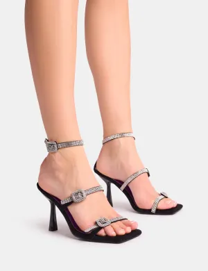 Spellbound Black Three Strap Diamante Buckle Heels