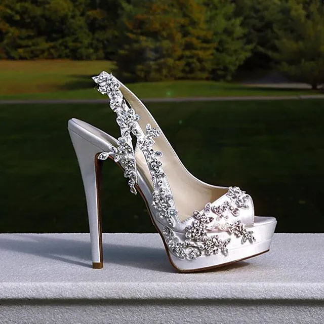 Toleet White Satin Slingback Bridal Heels Rhinestone Peep Toe Platform Pumps