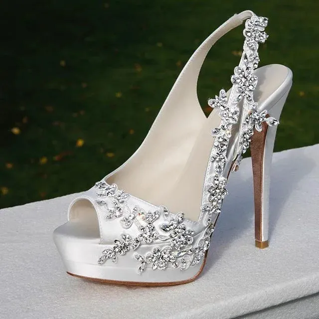 Toleet White Satin Slingback Bridal Heels Rhinestone Peep Toe Platform Pumps