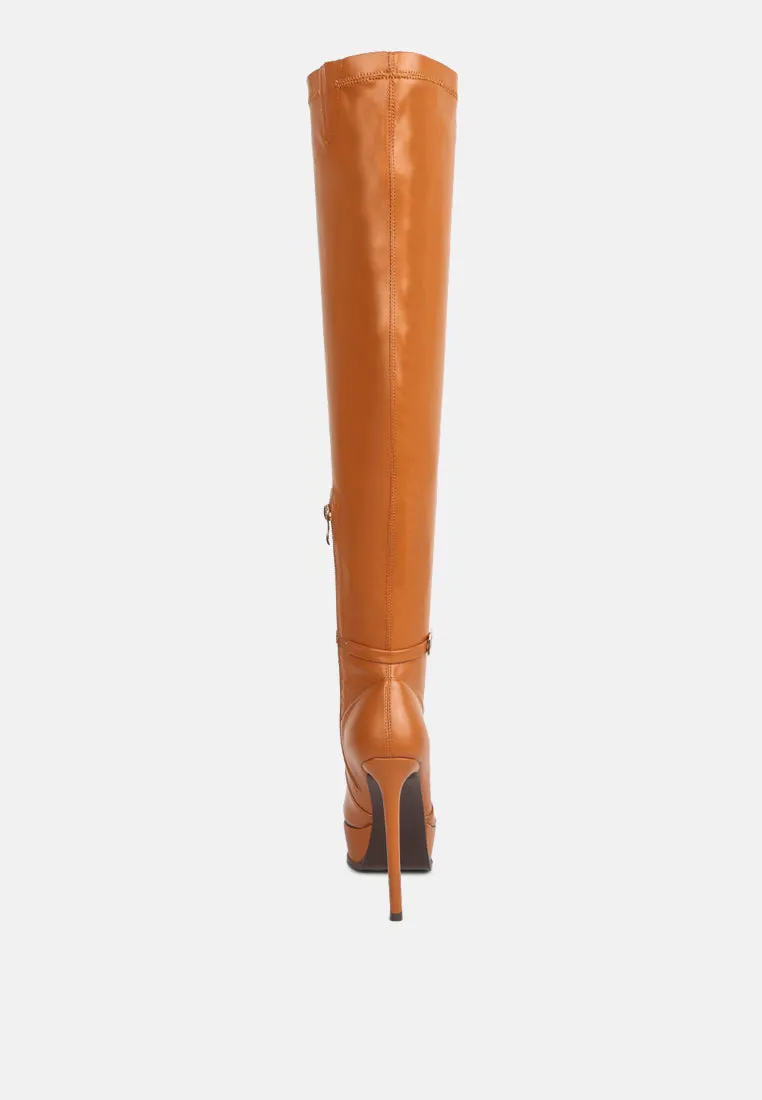 TWINKLES Patent Stiletto Heeled Long Boots in Tan