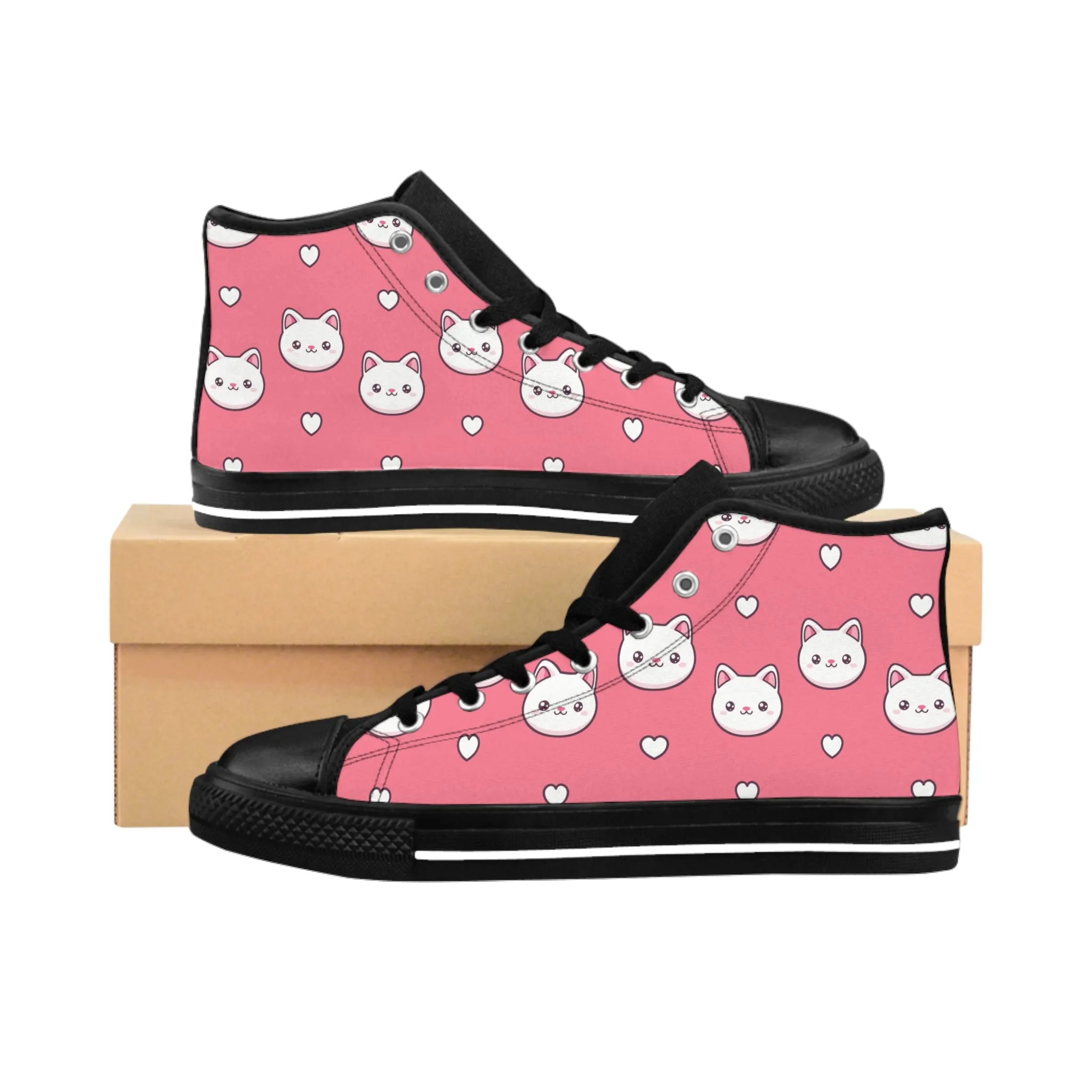 White Kitty Pink Background Women's Classic Sneakers