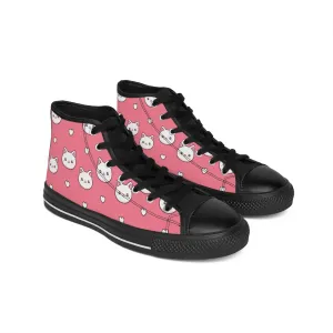 White Kitty Pink Background Women's Classic Sneakers