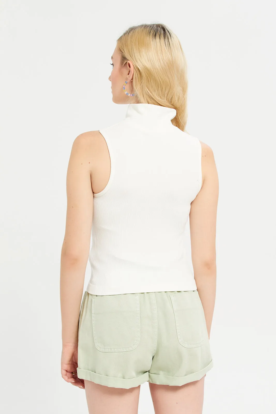 Women White Ribbed Top